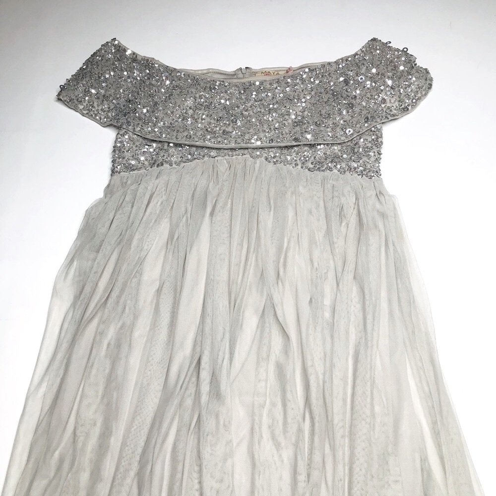 Maya Maternity ASOS Off Shoulder Silver Gown Sequin Maxi Sz 12 Elegant Quality
